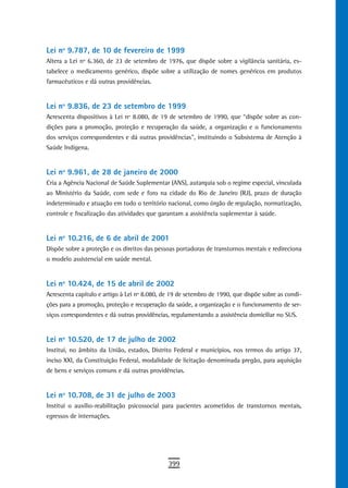 Lei nº 9.787, de 10 de fevereiro de 1999
Altera a Lei nº 6.360, de 23 de setembro de 1976, que dispõe sobre a vigilância sanitária, es-
tabelece o medicamento genérico, dispõe sobre a utilização de nomes genéricos em produtos
farmacêuticos e dá outras providências.


Lei nº 9.836, de 23 de setembro de 1999
Acrescenta dispositivos à Lei nº 8.080, de 19 de setembro de 1990, que “dispõe sobre as con-
dições para a promoção, proteção e recuperação da saúde, a organização e o funcionamento
dos serviços correspondentes e dá outras providências”, instituindo o Subsistema de Atenção à
Saúde Indígena.


Lei nº 9.961, de 28 de janeiro de 2000
Cria a Agência Nacional de Saúde Suplementar (ANS), autarquia sob o regime especial, vinculada
ao Ministério da Saúde, com sede e foro na cidade do Rio de Janeiro (RJ), prazo de duração
indeterminado e atuação em todo o território nacional, como órgão de regulação, normatização,
controle e fiscalização das atividades que garantam a assistência suplementar à saúde.


Lei nº 10.216, de 6 de abril de 2001
Dispõe sobre a proteção e os direitos das pessoas portadoras de transtornos mentais e redireciona
o modelo assistencial em saúde mental.


Lei nº 10.424, de 15 de abril de 2002
Acrescenta capítulo e artigo à Lei nº 8.080, de 19 de setembro de 1990, que dispõe sobre as condi-
ções para a promoção, proteção e recuperação da saúde, a organização e o funcionamento de ser-
viços correspondentes e dá outras providências, regulamentando a assistência domiciliar no SUS.


Lei nº 10.520, de 17 de julho de 2002
Institui, no âmbito da União, estados, Distrito Federal e municípios, nos termos do artigo 37,
inciso XXI, da Constituição Federal, modalidade de licitação denominada pregão, para aquisição
de bens e serviços comuns e dá outras providências.


Lei nº 10.708, de 31 de julho de 2003
Institui o auxílio-reabilitação psicossocial para pacientes acometidos de transtornos mentais,
egressos de internações.




                                              399
 