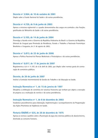 decreto nº 3.964, de 10 de outubro de 2001
Dispõe sobre o Fundo Nacional de Saúde e dá outras providências.


decreto nº 4.726, de 9 de junho de 2003
Aprova a estrutura regimental e o quadro demonstrativo dos cargos em comissão e das funções
gratificadas do Ministério da Saúde e dá outras providências.


decreto nº 5.105, de 14 de junho de 2004
Promulga o Acordo entre o Governo da República Federativa do Brasil e o Governo da República
Oriental do Uruguai para Permissão de Residência, Estudo e Trabalho a Nacionais Fronteiriços
Brasileiros e Uruguaios, de 21 de agosto de 2002.


decreto n° 5.813, de 22 de junho de 2006
Aprova a Política Nacional de Plantas Medicinais e Fitoterápicos e dá outras providências.


decreto n° 6.017, de 17 de janeiro de 2007
Regulamenta a Lei nº 11.107, de 6 de abril de 2005, que dispõe sobre normas gerais de contra-
tação de consórcios públicos.


decreto, de 20 de junho de 2007
Institui a Comissão Interministerial de Gestão do Trabalho e da Educação na Saúde.


instrução normativa nº 1, de 15 de janeiro de 1997
Disciplina a celebração de convênios de natureza financeira que tenham por objeto a execução
de projetos ou a realização de eventos e dá outras providências.


instrução normativa nº 1, de 8 de dezembro de 2003
Estabelece procedimentos para elaboração, implementação e acompanhamento da Programação
das Ações Prioritárias da Vigilância em Saúde.


Portaria GM/MS nº 635, de 26 de dezembro de 1975
Aprova as normas e padrões sobre a fluoretação da água dos sistemas públicos de abastecimento,
destinada ao consumo humano.




                                              401
 
