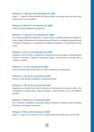 Portaria nº 1.395, de 10 de dezembro de 1999
Artigo 1º – Aprova a Política Nacional de Saúde do Idoso, cuja íntegra consta do anexo desta
Portaria e dela é parte integrante.


Portaria nº 106, de 11 de fevereiro de 2000
Institui os Serviços Residenciais Terapêuticos.


Portaria nº 1.220, de 7 de novembro de 2000
Cria o Serviço Residencial Terapêutico em Saúde Mental, a atividade profissional Cuidador em
Saúde, o grupo de procedimentos Acompanhamento de Pacientes, o subgrupo Acompanhamento
de Pacientes Psiquiátricos e o procedimento Residência Terapêutica em Saúde Mental, dentre
outros.


Portaria nº 16, de 14 de dezembro de 2000
Estabelece o elenco mínimo e obrigatório de medicamentos para pactuação na Atenção Básica,
referente ao Incentivo à Assistência Farmacêutica Básica, de que tratam as Portarias GM nº
176/99 e nº 956/00.


Portaria nº 17, de 4 de janeiro de 2001
Institui o Cadastro Nacional de Usuários do SUS e regulamenta sua implantação.


Portaria nº 132, de 31 de janeiro de 2001
Institui o Fundo de Ações Estratégicas e Compensação (Faec)


Portaria nº 145, de 31 de janeiro de 2001
Regulamenta as transferências fundo a fundo para o financiamento das ações de média e alta
complexidade executadas pelos estados, municípios e Distrito Federal, na área de Vigilância
Sanitária.


Portaria nº 343, de 21 de março de 2001
Cria o Incentivo à Assistência Farmacêutica Básica, vinculado ao Programa Saúde da Família,
destinado aos municípios participantes.


Portaria nº 393, de 29 de março de 2001
Artigo 1º – Aprova, nos termos do anexo I, a Agenda Nacional de Saúde para o ano de 2001.




                                                  403
 
