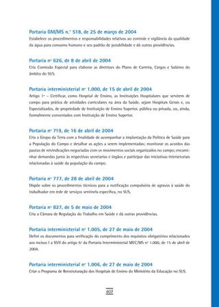 Portaria GM/MS n.° 518, de 25 de março de 2004
Estabelece os procedimentos e responsabilidades relativos ao controle e vigilância da qualidade
da água para consumo humano e seu padrão de potabilidade e dá outras providências.


Portaria nº 626, de 8 de abril de 2004
Cria Comissão Especial para elaborar as diretrizes do Plano de Carreira, Cargos e Salários do
âmbito do SUS.


Portaria interministerial nº 1.000, de 15 de abril de 2004
Artigo 1º – Certificar, como Hospital de Ensino, as Instituições Hospitalares que servirem de
campo para prática de atividades curriculares na área da Saúde, sejam Hospitais Gerais e, ou
Especializados, de propriedade de Instituição de Ensino Superior, pública ou privada, ou, ainda,
formalmente conveniados com Instituição de Ensino Superior.


Portaria nº 719, de 16 de abril de 2004
Cria o Grupo da Terra com a finalidade de acompanhar a implantação da Política de Saúde para
a População do Campo e detalhar as ações a serem implementadas; monitorar os acordos das
pautas de reivindicações negociadas com os movimentos sociais organizados no campo; encami-
nhar demandas junto às respectivas secretarias e órgãos e participar das iniciativas intersetoriais
relacionadas à saúde da população do campo.


Portaria nº 777, de 28 de abril de 2004
Dispõe sobre os procedimentos técnicos para a notificação compulsória de agravos à saúde do
trabalhador em rede de serviços sentinela específica, no SUS.


Portaria nº 827, de 5 de maio de 2004
Cria a Câmara de Regulação do Trabalho em Saúde e dá outras providências.


Portaria interministerial nº 1.005, de 27 de maio de 2004
Defini os documentos para verificação do cumprimento dos requisitos obrigatórios relacionados
aos incisos I a XVII do artigo 6º da Portaria Interministerial MEC/MS nº 1.000, de 15 de abril de
2004.


Portaria interministerial nº 1.006, de 27 de maio de 2004
Criar o Programa de Reestruturação dos Hospitais de Ensino do Ministério da Educação no SUS.



                                               407
 