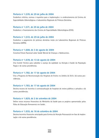 Portaria nº 1.570, de 29 de julho de 2004
Estabelece critérios, normas e requisitos para a implantação e o credenciamento de Centros de
Especialidades Odontológicas e Laboratórios Regionais de Próteses Dentárias.


Portaria nº 1.571, de 29 de julho de 2004
Estabelece o financiamento dos Centros de Especialidades Odontológicas (CEO).


Portaria nº 1.572, de 29 de julho de 2004
Estabelece o pagamento de próteses dentárias totais em Laboratórios Regionais de Próteses
Dentárias (LRPD).


Portaria nº 1.608, de 3 de agosto de 2004
Constitui Fórum Nacional sobre Saúde Mental de Crianças e Adolescentes.


Portaria nº 1.678, de 13 de agosto de 2004
Cria Comitê Técnico para subsidiar o avanço da eqüidade na Atenção à Saúde da População
Negra e dá outras providências.


Portaria nº 1.702, de 17 de agosto de 2004
Cria o Programa de Reestruturação dos Hospitais de Ensino no âmbito do SUS e dá outras pro-
vidências.


Portaria nº 1.703, de 17 de agosto de 2004
Destina recurso de incentivo à contratualização de hospitais de ensino públicos e privados e dá
outras providências.


Portaria nº 1.829, de 2 de setembro de 2004
Define novos recursos financeiros do Ministério da Saúde para os projetos apresentados pelos
Pólos de Educação Permanente em Saúde.


Portaria nº 1.935, de 16 de setembro de 2004
Destina incentivo financeiro antecipado para Centros de Atenção Psicossocial em fase de implan-
tação e dá outras providências.




                                             409
 