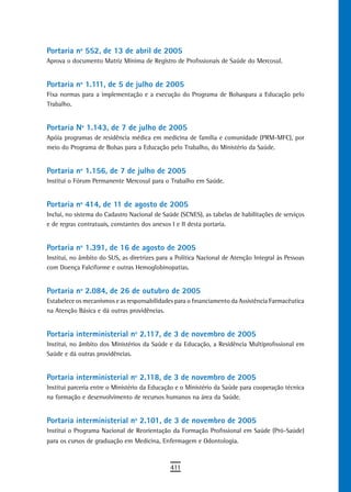 Portaria nº 552, de 13 de abril de 2005
Aprova o documento Matriz Mínima de Registro de Profissionais de Saúde do Mercosul.


Portaria nº 1.111, de 5 de julho de 2005
Fixa normas para a implementação e a execução do Programa de Bolsaspara a Educação pelo
Trabalho.


Portaria nº 1.143, de 7 de julho de 2005
Apóia programas de residência médica em medicina de família e comunidade (PRM-MFC), por
meio do Programa de Bolsas para a Educação pelo Trabalho, do Ministério da Saúde.


Portaria nº 1.156, de 7 de julho de 2005
Institui o Fórum Permanente Mercosul para o Trabalho em Saúde.


Portaria nº 414, de 11 de agosto de 2005
Inclui, no sistema do Cadastro Nacional de Saúde (SCNES), as tabelas de habilitações de serviços
e de regras contratuais, constantes dos anexos I e II desta portaria.


Portaria nº 1.391, de 16 de agosto de 2005
Institui, no âmbito do SUS, as diretrizes para a Política Nacional de Atenção Integral às Pessoas
com Doença Falciforme e outras Hemoglobinopatias.


Portaria nº 2.084, de 26 de outubro de 2005
Estabelece os mecanismos e as responsabilidades para o financiamento da Assistência Farmacêutica
na Atenção Básica e dá outras providências.


Portaria interministerial nº 2.117, de 3 de novembro de 2005
Institui, no âmbito dos Ministérios da Saúde e da Educação, a Residência Multiprofissional em
Saúde e dá outras providências.


Portaria interministerial nº 2.118, de 3 de novembro de 2005
Institui parceria entre o Ministério da Educação e o Ministério da Saúde para cooperação técnica
na formação e desenvolvimento de recursos humanos na área da Saúde.


Portaria interministerial nº 2.101, de 3 de novembro de 2005
Institui o Programa Nacional de Reorientação da Formação Profissional em Saúde (Pró-Saúde)
para os cursos de graduação em Medicina, Enfermagem e Odontologia.



                                              411
 