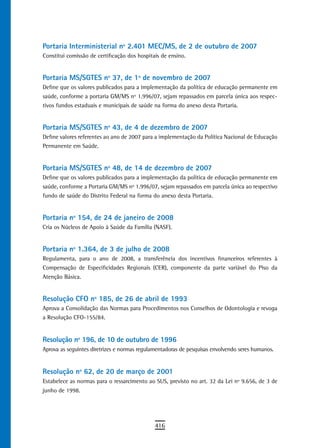 Portaria Interministerial nº 2.401 MEC/MS, de 2 de outubro de 2007
Constitui comissão de certificação dos hospitais de ensino.


Portaria MS/SGTES nº 37, de 1º de novembro de 2007
Define que os valores publicados para a implementação da política de educação permanente em
saúde, conforme a portaria GM/MS nº 1.996/07, sejam repassados em parcela única aos respec-
tivos fundos estaduais e municipais de saúde na forma do anexo desta Portaria.


Portaria MS/SGTES nº 43, de 4 de dezembro de 2007
Define valores referentes ao ano de 2007 para a implementação da Política Nacional de Educação
Permanente em Saúde.


Portaria MS/SGTES nº 48, de 14 de dezembro de 2007
Define que os valores publicados para a implementação da política de educação permanente em
saúde, conforme a Portaria GM/MS nº 1.996/07, sejam repassados em parcela única ao respectivo
fundo de saúde do Distrito Federal na forma do anexo desta Portaria.


Portaria nº 154, de 24 de janeiro de 2008
Cria os Núcleos de Apoio à Saúde da Família (NASF).


Portaria nº 1.364, de 3 de julho de 2008
Regulamenta, para o ano de 2008, a transferência dos incentivos financeiros referentes à
Compensação de Especificidades Regionais (CER), componente da parte variável do Piso da
Atenção Básica.


resolução CFo nº 185, de 26 de abril de 1993
Aprova a Consolidação das Normas para Procedimentos nos Conselhos de Odontologia e revoga
a Resolução CFO-155/84.


resolução nº 196, de 10 de outubro de 1996
Aprova as seguintes diretrizes e normas regulamentadoras de pesquisas envolvendo seres humanos.


resolução nº 62, de 20 de março de 2001
Estabelece as normas para o ressarcimento ao SUS, previsto no art. 32 da Lei nº 9.656, de 3 de
junho de 1998.




                                              416
 
