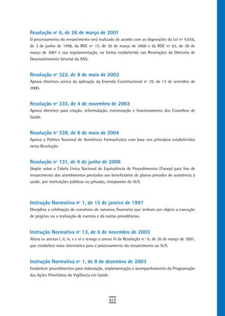 resolução nº 6, de 26 de março de 2001
O processamento do ressarcimento será realizado de acordo com as disposições da Lei nº 9.656,
de 3 de junho de 1998, da RDC nº 17, de 30 de março de 2000 e da RDC nº 62, de 20 de
março de 2001 e sua regulamentação, na forma estabelecida nas Resoluções da Diretoria de
Desenvolvimento Setorial da ANS.


resolução nº 322, de 8 de maio de 2003
Aprova diretrizes acerca da aplicação da Emenda Constitucional nº 29, de 13 de setembro de
2000.


resolução nº 333, de 4 de novembro de 2003
Aprova diretrizes para criação, reformulação, estruturação e funcionamento dos Conselhos de
Saúde.


resolução nº 338, de 6 de maio de 2004
Aprova a Política Nacional de Assistência Farmacêutica com base nos princípios estabelecidos
nesta Resolução.


resolução nº 131, de 6 de junho de 2006
Dispõe sobre a Tabela Única Nacional de Equivalência de Procedimentos (Tunep) para fins de
ressarcimento dos atendimentos prestados aos beneficiários de planos privados de assistência à
saúde, por instituições públicas ou privadas, integrantes do SUS.




instrução normativa nº 1, de 15 de janeiro de 1997
Disciplina a celebração de convênios de natureza financeira que tenham por objeto a execução
de projetos ou a realização de eventos e dá outras providências.


instrução normativa nº 13, de 6 de novembro de 2003
Altera os anexos i, ii, iv, v e vi e revoga o anexo iii da Resolução n.º 6, de 26 de março de 2001,
que estabelece nova sistemática para o processamento do ressarcimento ao SUS.


instrução normativa nº 1, de 8 de dezembro de 2003
Estabelece procedimentos para elaboração, implementação e acompanhamento da Programação
das Ações Prioritárias da Vigilância em Saúde.




                                               417
 