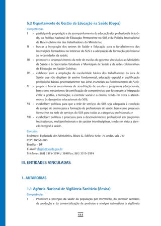 5.2 departamento de Gestão da Educação na Saúde (Deges)
  Competências
  I   - participar da proposição e do acompanhamento da educação dos profissionais de saú-
        de, da Política Nacional de Educação Permanente no SUS e da Política Institucional
        de Desenvolvimento dos trabalhadores do Ministério;
  II - buscar a integração dos setores de Saúde e Educação para o fortalecimento das
        instituições formadoras no interesse do SUS e a adequação da formação profissional
        às necessidades da saúde;
  III - promover o desenvolvimento da rede de escolas do governo vinculadas ao Ministério
        da Saúde e às Secretarias Estaduais e Municipais de Saúde e de redes colaborativas
        de Educação em Saúde Coletiva;
  IV - colaborar com a ampliação da escolaridade básica dos trabalhadores da área de
        Saúde que não dispõem de ensino fundamental, educação especial e qualificação
        profissional básica, prioritariamente nas áreas essenciais ao funcionamento do SUS;
  V - propor e buscar mecanismos de acreditação de escolas e programas educacionais,
        bem como mecanismos de certificação de competências que favoreçam a integração
        entre a gestão, a formação, o controle social e o ensino, tendo em vista o atendi-
        mento às demandas educacionais do SUS;
  VI - estabelecer políticas para que a rede de serviços do SUS seja adequada à condição
        de campo de ensino para a formação de profissionais de saúde, bem como processos
        formativos na rede de serviços do SUS para todas as categorias profissionais; e
  VII - estabelecer políticas e processos para o desenvolvimento profissional em programas
        institucionais, multiprofissionais e de caráter interdisciplinar, tendo em vista a aten-
        ção integral à saúde.
  Contatos
  Endereço: Esplanada dos Ministérios, Bloco G, Edifício Sede, 7o andar, sala 717
  CEP: 70058-900
  Brasília – DF
  E-mail: deges@saude.gov.br
  Telefones: (61) 3315-3394 / 3848Fax: (61) 3315-2974


iii. entidades VinCULadas


1. aUtarQUias

  1.1 Agência Nacional de Vigilância Sanitária (Anvisa)
  Competências
  I  - Promover a proteção da saúde da população por intermédio do controle sanitário
        da produção e da comercialização de produtos e serviços submetidos à vigilância


                                            444
 