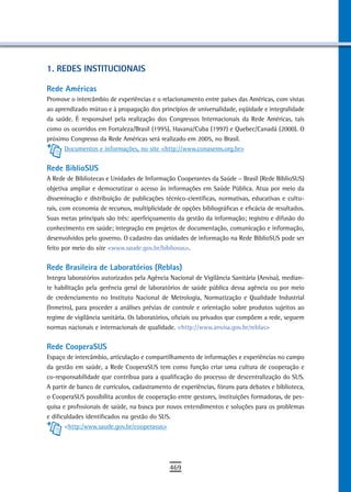 1. redes institUCionais

rede américas
Promove o intercâmbio de experiências e o relacionamento entre países das Américas, com vistas
ao aprendizado mútuo e à propagação dos princípios de universalidade, eqüidade e integralidade
da saúde. É responsável pela realização dos Congressos Internacionais da Rede Américas, tais
como os ocorridos em Fortaleza/Brasil (1995), Havana/Cuba (1997) e Quebec/Canadá (2000). O
próximo Congresso da Rede Américas será realizado em 2005, no Brasil.
      Documentos e informações, no site <http://www.conasems.org.br>


rede BibliosUs
A Rede de Bibliotecas e Unidades de Informação Cooperantes da Saúde – Brasil (Rede BiblioSUS)
objetiva ampliar e democratizar o acesso às informações em Saúde Pública. Atua por meio da
disseminação e distribuição de publicações técnico-científicas, normativas, educativas e cultu-
rais, com economia de recursos, multiplicidade de opções bibliográficas e eficácia de resultados.
Suas metas principais são três: aperfeiçoamento da gestão da informação; registro e difusão do
conhecimento em saúde; integração em projetos de documentação, comunicação e informação,
desenvolvidos pelo governo. O cadastro das unidades de informação na Rede BiblioSUS pode ser
feito por meio do site <www.saude.gov.br/bibliosus>.


Rede Brasileira de Laboratórios (Reblas)
Integra laboratórios autorizados pela Agência Nacional de Vigilância Sanitária (Anvisa), median-
te habilitação pela gerência geral de laboratórios de saúde pública dessa agência ou por meio
de credenciamento no Instituto Nacional de Metrologia, Normatização e Qualidade Industrial
(Inmetro), para proceder a análises prévias de controle e orientação sobre produtos sujeitos ao
regime de vigilância sanitária. Os laboratórios, oficiais ou privados que compõem a rede, seguem
normas nacionais e internacionais de qualidade. <http://www.anvisa.gov.br/reblas>


rede CooperasUs
Espaço de intercâmbio, articulação e compartilhamento de informações e experiências no campo
da gestão em saúde, a Rede CooperaSUS tem como função criar uma cultura de cooperação e
co-responsabilidade que contribua para a qualificação do processo de descentralização do SUS.
A partir de banco de currículos, cadastramento de experiências, fóruns para debates e biblioteca,
o CooperaSUS possibilita acordos de cooperação entre gestores, instituições formadoras, de pes-
quisa e profissionais de saúde, na busca por novos entendimentos e soluções para os problemas
e dificuldades identificados na gestão do SUS.
       <http:/www.saude.gov.br/cooperasus>




                                              469
 