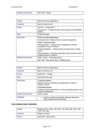 Curriculum Vitae Guruprasad. S
Solution Environment ASP .NET / Oracle
Project Bank of America applications
Customer Bank of America, US
Period Oct 2011 – August 2013
August 2013 – Till date (At New Jersey location for GWIM BOA
project)
Role Project Manager
Description PRW UI & HUB: Agile project
Functional and UI testing of bank’s payment application.
GWIM – Portview project
PCS application – Testing various strategies for portfolio
managers to map to investors
Trading application – Testing trading process buying / selling
stocks
PRS application – Reporting application which provides various
analysis report for investors
Solution Environment J2EE / Oracle – Payments project
ASP .NET / SQL Server 2012 – GWIM project
Project Bank of America applications
Customer Bank of America, US
Period April-2010 – Till date
Role Technical Test Lead
Description T-banding initiative:
Migration testing of Merrill Lynch applications in Bank of
America domain.
OS Browser testing:
UI testing of bank applications in various operating systems and
browser combinations.
Solution Environment J2EE / Oracle
Highlights  Project management activities (Manage allocations,
billing, Metrics and KM activities)
TATA CONSULTANCY SERVICES:
Project Release R310 / 1009 / 709 / 409 / 109 / 908 / 608 / 308 / 108 /
1107 / 707 / 607
Customer Rogers, Canada
Period April-2007 – March-2010
Page 3 of 11
 