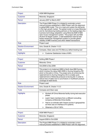 Curriculum Vitae Guruprasad. S
Project HGM MMI Brightstar
Customer Motorola, Singapore
Period January-2007 to March-2007
Description The Project MMI Phase 2 is initiated to automate current
manual process established in MMI Phase-I with the alignment
to global MMI model. This is to meet and sustain the demands
in the high growth market. The global model is to keep Motorola
and its manufacturing trading partners on the leading edge of e-
business technology adaptation using Motorola B2B & K&N
ware house management system. This project will use K&N
(Kuehne & Nagel) system, a well established external web
based warehouse management system to provide global
visibility of MMI inventory and other related transactions.
Role Project Lead
Solution Environment Unix, Oracle 9i, Oracle 11.0.3
Tools Compass, Clear case and ITG Mercury defect tracking tool
Highlights  Customer Satisfaction Index of 96%
Project SuNing MMI Phase I
Customer Motorola, China
Period Oct-2006 to Dec-2006
Description This project is to implement MMI to North Asia MMI Suning,
which involves the setup K&N WMS in Suning Hangzhou DC
which is first pilot in China. The project aims at enhancing the
replenishment to Suning Hangzhou DC to enable quick
replenishment of Motorola products to Suning DC in order to
reduce loss of sales due to out-of-stock or insufficient product
coverage at retail stores.
Role Project Lead
Solution Environment Unix, Oracle 9i, Oracle 11.0.3
Tools Compass and Clear case
Highlights  Worked off China Motorola facility during test execution
phase.
 Lead 2 team members from a different consulting
company at Motorola China facility.
 Had to co-ordinate with 6 teams across 4 geographies
as there was an interface of 6 systems.
 Obtained a CSI of 100%.
Project HGM MMI Phase 2
Customer Motorola, Singapore
Period August-2006 to Oct-2006
Description The Project MMI Phase 2 is initiated to automate current
manual process established in MMI Phase-I with the alignment
Page 6 of 11
 