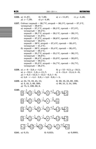 2001–2011 гг.

274

1236. а) 11,87;
д) z 7,39;

б) 7,39;
е) p 4,48.

в) х

ǙǍǟǒǙǍǟǕǗǍ

11,87;

г) у

4,48;

1237. Сейчас: первый — 36,7qС, второй — 36,1qС, третий — 37,1qС,
четвертый — 39,8qС;
а) первый — 37,1qС, второй — 36,5qС, третий — 37,5qС,
четвертый — 40,2qС;
первый — 38,7qС, второй — 38,1qС, третий — 39,1qС,
четвертый — 41,8qС;
первый — 37,2qС, второй — 36,6qС, третий — 37,6qС,
четвертый — 40,3qС;
первый — 38qС, второй — 37,4qС, третий — 38,4qС,
четвертый — 41,1qС;
б) первый — 36qС, второй — 35,4qС, третий — 36,4qС,
четвертый — 39,1qС;
первый — 35,7qС, второй — 35,1qС, третий — 36,1qС,
четвертый — 38,8qС;
первый — 36,4qС, второй — 35,8qС, третий — 36,8qС,
четвертый — 39,5qС;
первый — 35,3qС, второй — 34,7qС, третий — 35,7qС,
четвертый — 38,4qС.
1238. а)
в)
д)
е)

z 8 – 3,8; z 4,2;
б) y 12 + 6,5; y 18,5;
x 13,5 – 1,8; x 11,7;
г) k 15,4 – 15,4; k 0;
l + 6,5 12,5; l 12,5 – 6,5; l 6;
5,6 – r 4,4 – 3,8; r 5,6 – 0,6; r 5.

1239. а) 24, 72, 18, 45, 15;
в) 3, 45, 5, 60, 300;
д) 75, 5, 100, 66, 6.

б) 80, 16, 23, 69, 100;
г) 90, 51, 3, 54, 100;

1240.

1241. а) 0,15;

б) 0,025;

в) 0,0005.

 