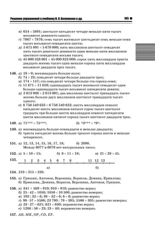 165

ǝǲȅǲǺǵǲ ȀǼǽǭǳǺǲǺǵǶ Ƿ ȀȄǲǮǺǵǷȀ ǚ. Ǭ. ǏǵǸǲǺǷǵǺǭ ǵ Ǳǽ.

в) 654  5891; шестьсот пятьдесят четыре меньше пяти тысяч
восьмисот девяносто одного;
г) 7867  7876; семь тысяч восемьсот шестьдесят семь меньше семи
тысяч восьмисот семидесяти шести;
д) 5 675 991  5 678 000; пять миллионов шестьсот семьдесят
пять тысяч девятьсот девяносто один меньше пяти миллионов
шестисот семидесяти восьми тысяч;
е) 45 000 328 001  45 000 823 000; сорок пять миллиардов триста
двадцать восемь тысяч один меньше сорока пяти миллиардов
восьмисот двадцати трех тысяч.
148. а)
б)
в)
г)

18 ! 0; восемнадцать больше ноля;
74 ! 23; семьдесят четыре больше двадцати трех;
174 ! 147; сто семьдесят четыре больше ста сорока семи;
11 871 ! 11 859; одиннадцать тысяч восемьсот семьдесят один
больше одиннадцати тысяч восьмисот пятидесяти девяти;
д) 2 613 008 ! 2 613 001; два миллиона шестьсот тринадцать тысяч
восемь больше двух миллионов шестисот тринадцати тысяч
одного;
е) 6 756 540 633 ! 6 756 540 623; шесть миллиардов семьсот
пятьдесят шесть миллионов пятьсот сорок тысяч шестьсот
тридцать три больше шести миллиардов семисот пятидесяти
шести миллионов пятисот сорока тысяч шестисот двадцати трех.

149. а) 71***  75***;

б) *3*** ! *8*.

150. а) восемнадцать больше семнадцати и меньше двадцати;
б) триста пятьдесят восемь больше трехсот сорока шести и меньше
четырехсот.
151. а) 12, 13, 14, 15, 16, 17, 18;
б) 2090.
Между 6077 и 6078 нет натуральных чисел.
152. а) 5  10  15;

б) 8  11  18;

в) 21  28  45.

153.
154. 210  215  220.
155. а) Гришин, Антонов, Воронина, Борисов, Демина, Ермилова;
б) Ермилова, Демина, Борисов, Воронина, Антонов, Гришин.
156. а)
б)
в)
г)
д)
е)

341 + 569 910; 910 910; равенство верно;
25 · 42 1050; 1050  10 500; равенство неверно;
192 : 32 6; 38 – 32 6; 6 6; равенство верно;
98 · 57 5586; 23 790 : 78 305; 5586 ! 305; равенство неверно;
23 · 27 621; 621  630; неравенство верно;
1288 : 56 23; 23  40; неравенство неверно.

157. AB, MK, OP, CD, EF.

 