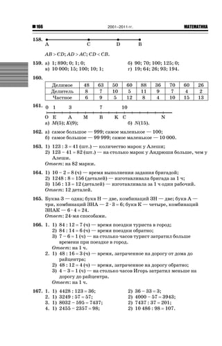 2001–2011 гг.

166

ǙǍǟǒǙǍǟǕǗǍ

158.
AB ! CD; AD ! AC; CD  CB.
159. а) 1; 890; 0; 1; 0;
в) 10 000; 15; 100; 10; 1;

б) 90; 70; 100; 125; 0;
г) 19; 64; 26; 93; 194.

160.
Делимое
Делитель
Частное
161. 0 1

3

48
8
6

63
7
9
7

а) M(5); K(9);

50
10
5

60
5
12

88
11
8

36
9
4

70
7
10

60
4
15

26
2
13

10
б) N(15).

162. а) самое большое — 999; самое маленькое — 100;
б) самое большое — 99 999; самое маленькое — 10 000.
163. 1) 123 : 3 41 (шт.) — количество марок у Алеши;
2) 123 – 41 82 (шт.) — на столько марок у Андрюши больше, чем у
Алеши.
Ответ: на 82 марки.
164. 1) 10 – 2 8 (ч) — время выполнения задания бригадой;
2) 1248 : 8 156 (деталей) — изготавливала бригада за 1 ч;
3) 156 : 13 12 (деталей) — изготавливала за 1 ч один рабочий.
Ответ: 12 деталей.
165. Буква З — одна; букв Н — две, комбинаций ЗН — две; букв А —
три, комбинаций ЗНА — 2 · 3 6; букв К — четыре, комбинаций
ЗНАК — 6 · 4 24.
Ответ: 24-мя способами.
166. 1. 1) 84 : 12 7 (ч) — время поездки туриста в город;
2) 84 : 14 6 (ч) — время поездки обратно;
3) 7 – 6 1 (ч) — на столько часов турист затратил больше
времени при поездке в город.
Ответ: на 1 ч.
2. 1) 48 : 16 3 (ч) — время, затраченное на дорогу от дома до
райцентра;
2) 48 : 12 4 (ч) — время, затраченное на дорогу обратно;
3) 4 – 3 1 (ч) — на столько часов Игорь затратил меньше на
дорогу до райцентра.
Ответ: на 1 ч.
167. 1.
2.
3.
4.

1)
1)
1)
1)

4428 : 123 36;
3249 : 57 57;
8032 – 595 7437;
2455 – 2357 98;

2)
2)
2)
2)

36 – 33 3;
4000 – 57 3943;
7437 : 37 201;
10 486 : 98 107.

 
