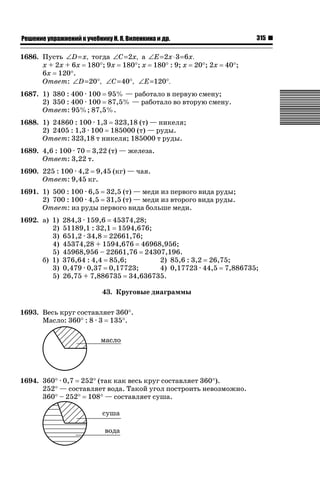 315

ǝǲȅǲǺǵǲ ȀǼǽǭǳǺǲǺǵǶ Ƿ ȀȄǲǮǺǵǷȀ ǚ. Ǭ. ǏǵǸǲǺǷǵǺǭ ǵ Ǳǽ.

1686. Пусть ∠D = x, тогда ∠C =2x, а ∠E = 2x ⋅ 3 = 6x.
х + 2х + 6х 180q; 9х 180q; х 180q : 9; х 20q; 2х
6х 120q.
Ответ: ∠D =20°, ∠C =40°, ∠E=120°.

40q;

1687. 1) 380 : 400 · 100 95% — работало в первую смену;
2) 350 : 400 · 100 87,5% — работало во вторую смену.
Ответ: 95%; 87,5%.
1688. 1) 24860 : 100 · 1,3 323,18 (т) — никеля;
2) 2405 : 1,3 · 100 185000 (т) — руды.
Ответ: 323,18 т никеля; 185000 т руды.
1689. 4,6 : 100 · 70 3,22 (т) — железа.
Ответ: 3,22 т.
1690. 225 : 100 · 4,2 9,45 (кг) — чая.
Ответ: 9,45 кг.
1691. 1) 500 : 100 · 6,5 32,5 (т) — меди из первого вида руды;
2) 700 : 100 · 4,5 31,5 (т) — меди из второго вида руды.
Ответ: из руды первого вида больше меди.
1692. а) 1)
2)
3)
4)
5)
б) 1)
3)
5)

284,3 · 159,6 45374,28;
51189,1 : 32,1 1594,676;
651,2 · 34,8 22661,76;
45374,28 + 1594,676 46968,956;
45968,956 – 22661,76 24307,196.
376,64 : 4,4 85,6;
2) 85,6 : 3,2 26,75;
0,479 · 0,37 0,17723;
4) 0,17723 · 44,5 7,886735;
26,75 + 7,886735 34,636735.
43. Круговые диаграммы

1693. Весь круг составляет 360q.
Масло: 360q : 8 · 3 135q.

1694. 360q · 0,7 252q (так как весь круг составляет 360q).
252q — составляет вода. Такой угол построить невозможно.
360q – 252q 108q — составляет суша.

 