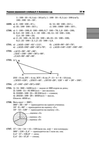 317

ǝǲȅǲǺǵǲ ȀǼǽǭǳǺǲǺǵǶ Ƿ ȀȄǲǮǺǵǷȀ ǚ. Ǭ. ǏǵǸǲǺǷǵǺǭ ǵ Ǳǽ.

1 : 100 · 10 0,1 (а) 10 (м2); 1 : 100 · 10
180 : 100 · 10 18q.
1699. а) 8 : 100 · 100 8%;
в) 35 : 100 · 100 35%;

0,1 (л)

100 (см3);

б) 15 : 60 · 100 25%;
г) 100 : 1000 · 100 10%.

1700. а) 1 · 100 100; 6 · 100 600; 0,7 · 100 70; 1,8 · 100 180;
б) 0,3 : 10 · 100 3; 1 : 10 · 100 10; 15 : 10 · 100 150;
2,4 : 10 · 100 24;
в) 2 : 25 · 100 8; 10 : 25 · 100 40; 25 : 25 · 100 100;
0,5 : 25 · 100 2; 1,2 : 25 · 100 4,8.
1701. а) ∠AOB = 180° − 65° = 115°;
в) ∠AOB=180° − (60° + 50°) =70°;

б) ∠AOB= 90° − 20° =70°;
г) ∠AOB=140° +120° −180° = 80°.

1702. ∠ACD = 90° − 30° = 60°;
∠BAC = 180° − (90° + 30°) = 60°;
∠CAD = 90° − 60° = 30°.
1703.

BM 3 см; BN 4 см; MN 6 см; P 3 + 4 + 6 13 (см).
∠MBN =120°; ∠BMN =40°; ∠BNM =20°; 120q + 40q + 20q
1704. ∠C =180° − (50° + 30°) =100°.
1705. 1) 15 · 360 5400 (кг) — надоя от 360 коров за день;
2) 5400 · 15 81 000 (кг) — все молоко;
3) 81000 : 100 · 25 20 250 (кг) — сливки;
4) 20250 : 100 · 20 4050 (кг) — масло.
Ответ: 4050 кг.
1706. Весь круг — 360q;
360q : 36 10q — приходится на одного ученика;
10q · 8 80q — приходится на оценку «5»;
10q · 12 120q — приходится на оценку «4».

1707. 57 + 24 + 54 + 15 150 (млн кв. км) — вся площадь;
360q : 150 2,4q — приходится на 1 млн кв. км;
2,4q · 57 136,8q — леса;
2,4q · 24 57,6q — степи;

180q.

 