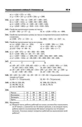 183

ǝǲȅǲǺǵǲ ȀǼǽǭǳǺǲǺǵǶ Ƿ ȀȄǲǮǺǵǷȀ ǚ. Ǭ. ǏǵǸǲǺǷǵǺǭ ǵ Ǳǽ.

в) x + (54 + 27) x + 81;
г) y + 176 + 24 y + (176 + 24)
342. а)
б)
в)
г)

y + 200.

m + (28 + 72) m + 100 87 + 100 187;
n + (49 + 151) n + 200 63 + 200 263;
k + (228 + 272) k + 500 48 + 500 548;
p + (349 + 461) p + 810 115 + 810 925.

343. Свойство вычитания суммы из числа.
а) (35 – 18) – y 17 – y;
б) m – (128 + 472)

m – 600.

344. Свойство вычитания суммы из числа и переместительное свойство
сложения.
а) (168 – 47) – x 121 – x;
б) (384 – 137) – m 247 – m.
345. Свойство вычитания числа из суммы.
б) n + (189 – 36) n + 153;
а) m + (248 – 24) m – 224;
в) b + (127 – 84) b + 43;
г) a + (55 – 30) a + 25;
д) (12 + 24) – k 36 – k;
е) x + (25 – 18) x + 7.
346. а)
б)
в)
г)

a – (28 + 37) a – 65 265 – 65 200;
b + (149 – 99) b + 50 77 + 50 127;
c + (237 + 163) c + 400; 194 + 400 594; 188 + 400 588;
d + (165 – 135) d + 30; 239 + 30 269; 198 + 30 228.

347.
а) AB AC + CD + DB; AB 453 + x + 65 x + (453 + 65) x + 518;
2) AB 283 + 518 801;
1) AB 315 + 518 833;
в) AC AB – (CD + DB); AC 214 – (84 + y) 214 – 84 – y 130 – y;
1) AC 130 – 28 102;
2) AC 130 – 95 35.
348. 23 + (23 + b) + (23 – 4) 23 + 23 + b + 19 65 + b (деталей) изготовил
токарь за 3 дня;
1) 65 + 7 72 (детали);
2) 65 + 9 74 (детали).
349. а) 90; 3; 150; 50;
в) 30; 90; 72; 2;
д) 44; 4; 100; 81.

б) 100; 10; 150; 0;
г) 20; 5; 70; 3;

350.
Число
Половина
Четверть
Треть

12
6
3
4

36
18
9
12

60
30
15
20

84
42
21
28

120
60
30
40

351. Например:
а) Первую часть работы рабочий по плану должен был выполнить
за 47 минут, а закончил на 15 минут раньше, а на вторую часть
работы вместо положенных 62 минут потратил на 12 минут
меньше. Сколько минут потратил рабочий на выполнение всей
работы?

 