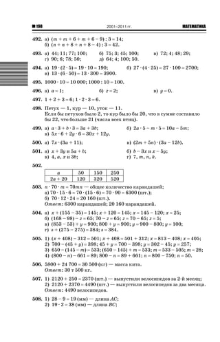 2001–2011 гг.

198

ǙǍǟǒǙǍǟǕǗǍ

492. а) (m + m + 6 + m + 6 – 9) : 3 14;
б) (n + n + 8 + n + 8 – 4) : 3 42.
493. а) 44; 11; 77; 100;
г) 90; 6; 78; 50;

б) 75; 3; 45; 100;
д) 64; 4; 100; 50.

494. а) 19 · (2 · 5) 19 · 10 190;
в) 13 · (6 · 50) 13 · 300 3900.
495. 1000 · 10
496. а) a

10 000; 1000 : 10

1;

497. 1 + 2 + 3

б) z
6; 1 · 2 · 3

в) 72; 4; 48; 29;

б) 27 · (4 · 25)

27 · 100

2700;

100.
2;

в) y

0.

6.

498. Петух — 1, кур — 10, уток — 11.
Если бы петухов было 2, то кур было бы 20, что в сумме составило
бы 22, что больше 21 (числа всех птиц).
499. а) a · 3 + b · 3 3a + 3b;
в) 5x · 6 + 2y · 6 30x + 12y.

б) 2a · 5 – m · 5

10a – 5m;

500. а) 7x · (3a + 11);

в) (2m + 5n) · (3a – 12b).

501. а) x + 3y и 5a + b;
в) 4, a, x и 3b;

б) b – 3x и x – 5y;
г) 7, m, n, k.

502.
a
2a + 20

50
120

150
320

250
520

503. n · 70 · m 70mn — общее количество карандашей;
а) 70 · 15 · 6 70 · (15 · 6) 70 · 90 6300 (шт.);
б) 70 · 12 · 24 20 160 (шт.).
Ответ: 6300 карандашей; 20 160 карандашей.
504. а)
б)
в)
г)

x + (155 – 35) 145; x + 120 145; x 145 – 120; x 25;
(168 – 98) – z 65; 70 – z 65; z 70 – 65; z 5;
(853 – 53) + y 900; 800 + y 900; y 900 – 800; y 100;
s + (275 – 275) 384; s 384.

505. 1)
2)
3)
4)

(x + 408) – 312
700 – (45 + y)
650 – (145 – m)
(800 – n) – 661

501; x + 408 501 + 312; x 813 – 408; x 405;
398; 45 + y 700 – 398; y 302 – 45; y 257;
533; (650 – 145) + m 533; m 533 – 505; m 28;
89; 800 – n 89 + 661; n 800 – 750; n 50.

506. 5800 + 24 700 30 500 (кг) — масса кита.
Ответ: 30 т 500 кг.
507. 1) 2120 + 250 2370 (шт.) — выпустили велосипедов за 2-й месяц;
2) 2120 + 2370 4490 (шт.) — выпустили велосипедов за два месяца.
Ответ: 4490 велосипедов.
508. 1) 28 – 9 19 (мм) — длина AC;
2) 19 · 2 38 (мм) — длина BC;

 