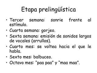 Etapa prelingüística Tercer semana: sonrie frente al estímulo. Cuarta semana: gorjeo. Sexta semana: emisión de sonidos largos de vocales (arrullos). Cuarto mes: se voltea hacia el que le habla. Sexto mes: balbuceo. Octavo mes: “paa paa” y “maa maa”. 