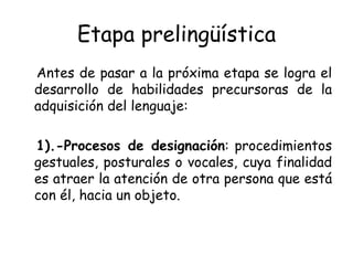Etapa prelingüística Antes de pasar a la próxima etapa se logra el desarrollo de habilidades precursoras de la adquisición del lenguaje: 1).-Procesos de designación : procedimientos gestuales, posturales o vocales, cuya finalidad es atraer la atención de otra persona que está con él, hacia un objeto. 