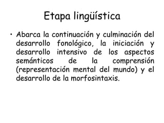 Etapa lingüística Abarca la continuación y culminación del desarrollo fonológico, la iniciación y desarrollo intensivo de los aspectos semánticos de la comprensión (representación mental del mundo) y el desarrollo de la morfosintaxis. 