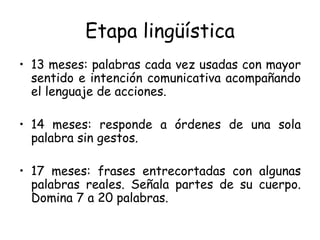 Etapa lingüística 13 meses: palabras cada vez usadas con mayor sentido e intención comunicativa acompañando el lenguaje de acciones. 14 meses: responde a órdenes de una sola palabra sin gestos. 17 meses: frases entrecortadas con algunas palabras reales. Señala partes de su cuerpo. Domina 7 a 20 palabras. 