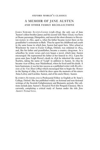 Steven Parsonage A Memoir Of Jane Austen And Other Family Recollections Oxford Worlds ...
