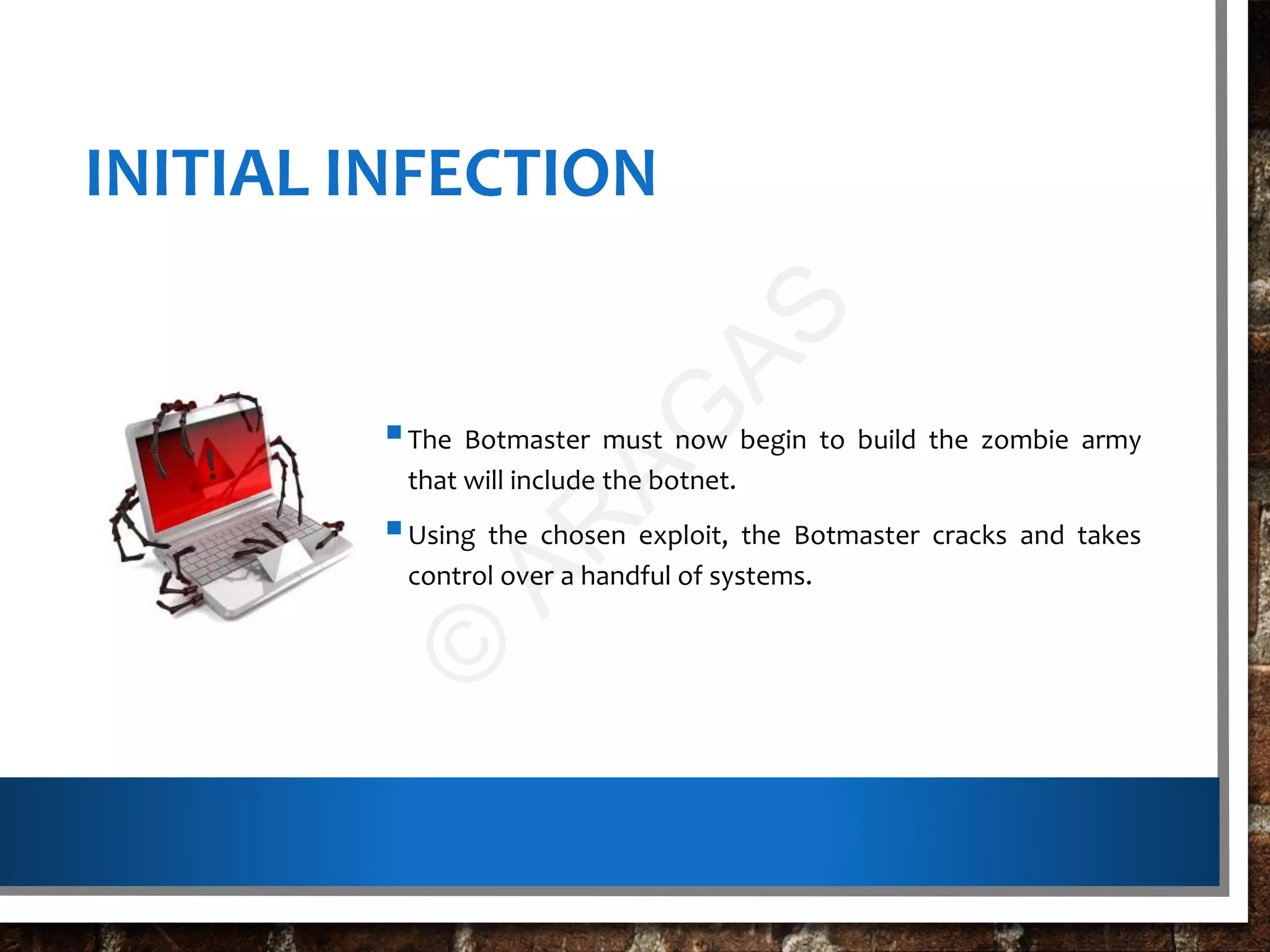 INITIAL INFECTION
The Botmaster must now begin to build the zombie army
that will include the botnet.
Using the chosen exploit, the Botmaster cracks and takes
control over a handful of systems.
©
AR
AG
AS
 