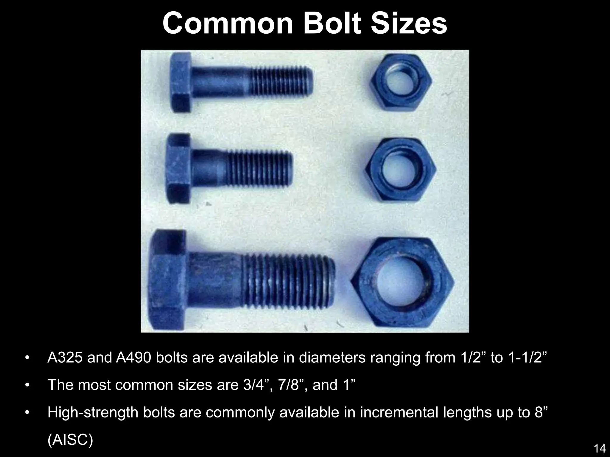 14
• A325 and A490 bolts are available in diameters ranging from 1/2” to 1-1/2”
• The most common sizes are 3/4”, 7/8”, and 1”
• High-strength bolts are commonly available in incremental lengths up to 8”
(AISC)
Common Bolt Sizes
 