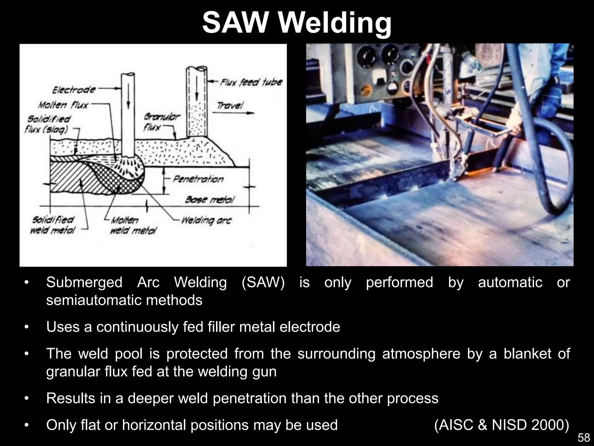 58
• Submerged Arc Welding (SAW) is only performed by automatic or
semiautomatic methods
• Uses a continuously fed filler metal electrode
• The weld pool is protected from the surrounding atmosphere by a blanket of
granular flux fed at the welding gun
• Results in a deeper weld penetration than the other process
• Only flat or horizontal positions may be used (AISC & NISD 2000)
SAW Welding
 