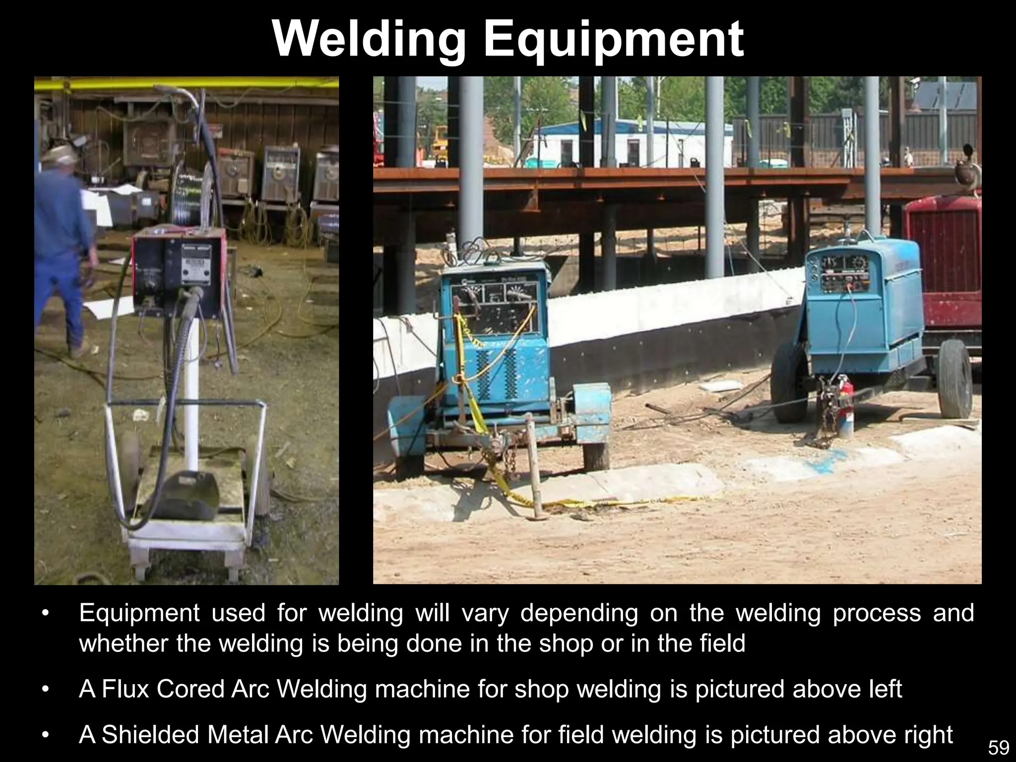 59
• Equipment used for welding will vary depending on the welding process and
whether the welding is being done in the shop or in the field
• A Flux Cored Arc Welding machine for shop welding is pictured above left
• A Shielded Metal Arc Welding machine for field welding is pictured above right
Welding Equipment
 