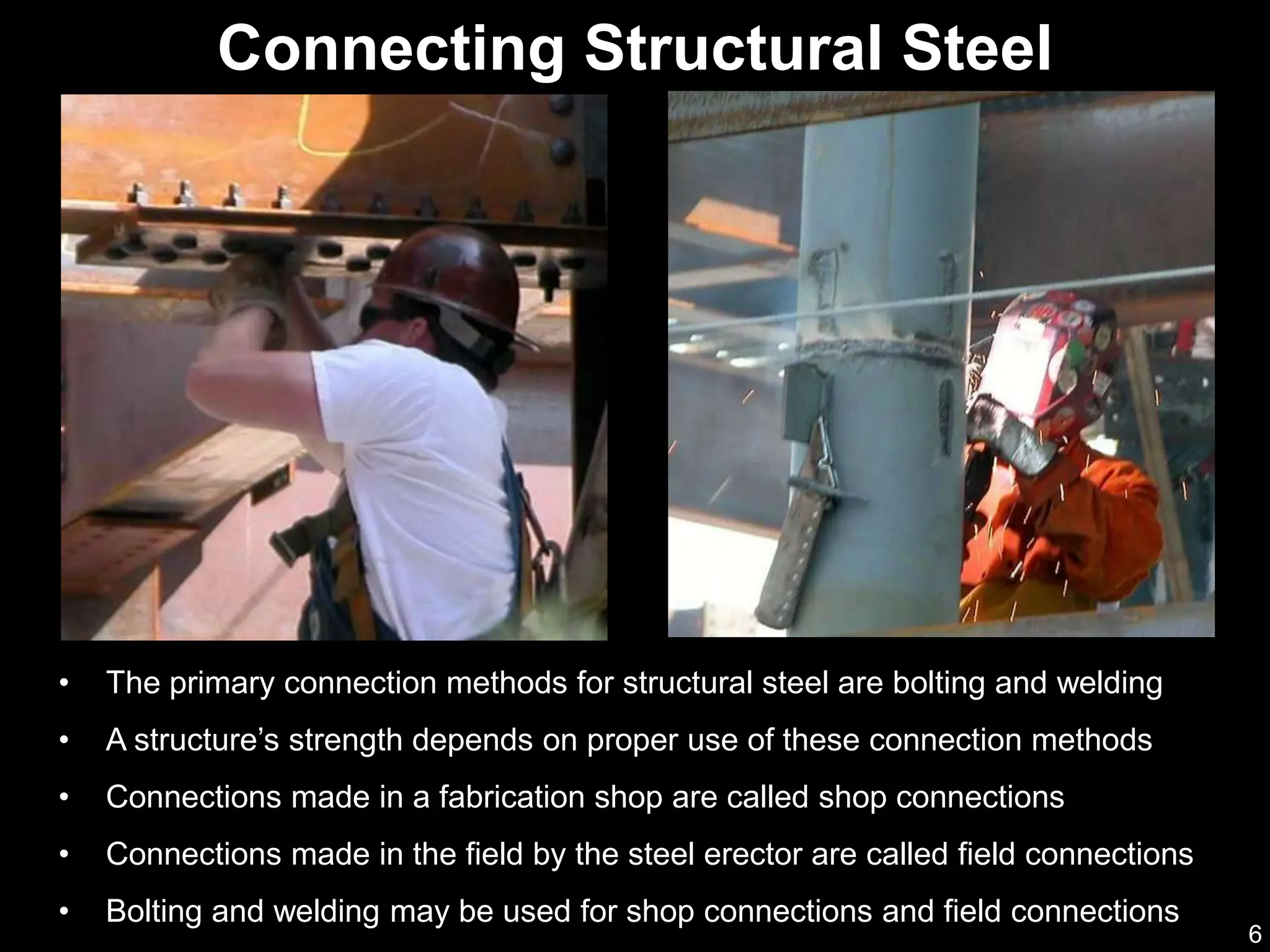 6
Connecting Structural Steel
• The primary connection methods for structural steel are bolting and welding
• A structure’s strength depends on proper use of these connection methods
• Connections made in a fabrication shop are called shop connections
• Connections made in the field by the steel erector are called field connections
• Bolting and welding may be used for shop connections and field connections
 