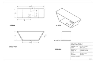 3D VIEWTOP VIEW
FRONT VIEW
SIDE VIEW
3'-21
2"
1'- 1
2"
1'-1"
1'-71
2"
41
2"
9"
51
2"
1'-111
2"
3
4"
DOVETAIL TABLE
COFFEE/TV TABLE
R1
4" TYPICAL
DRAWING TITLE:
DESIGNED BY:
DRAWN BY:
SCALE:
CLIENT:
DRAWING NUMBER:
A-1
SPEKE KLIEN
ROXANNE LONCAR
ROXANNE LONCAR
MATERAIL:
DATE: OCTOBER 2011
WALNUT
1:8