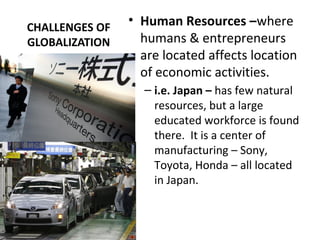 CHALLENGES OF
GLOBALIZATION
• Human Resources –where
humans & entrepreneurs
are located affects location
of economic activities.
– i.e. Japan – has few natural
resources, but a large
educated workforce is found
there. It is a center of
manufacturing – Sony,
Toyota, Honda – all located
in Japan.
 