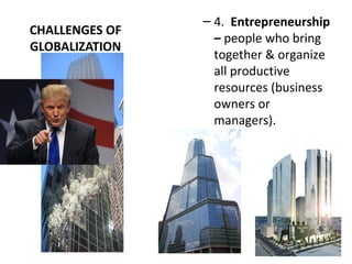 CHALLENGES OF
GLOBALIZATION
– 4. Entrepreneurship
– people who bring
together & organize
all productive
resources (business
owners or
managers).
 