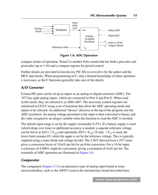 PIC Microcontroller Systems 15
www.newnespress.com
compare modes of operation. Timer2 is another 8-bit counter but has both a prescaler and
postscaler (up to 1:16) and a compare register for period control.
Further details are provided in Interfacing PIC Microcontrollers by the author and the
MCU data books. When programming in C, only a limited knowledge of timer operation
is necessary, as the C functions generally take care of the details.
A/D Converter
Certain PIC pins can be set up as inputs to an analog-to-digital converter (ADC). The
’877 has eight analog inputs, which are connected to Port A and Port E. When used
in this mode, they are referred to as AD0–AD7. The necessary control registers are
initialized in CCS C using a set of functions that allow the ADC operating mode and
inputs to be selected. An additional “device” directive at the top of the program sets the
ADC resolution. An analog voltage presented at the input is then converted to binary and
the value assigned to an integer variable when the function to read the ADC is invoked.
The default input range is set by the supply (nominally 0–5V). If a battery supply is used
(which drops over time) or additional accuracy is needed, a separate reference voltage
can be fed in at AN2 (⫹Vref) and optionally AN3 (–Vref). If only ⫹Vref is used, the
lower limit remains 0V, while the upper is set by the reference voltage. This is typically
supplied using a zener diode and voltage divider. The 2.56V derived from a 2V7 zener
gives a conversion factor of 10mV per bit for an 8-bit conversion. For a 10-bit input,
a reference of 4.096V might be convenient, giving a resolution of 4mV per bit. The
essentials of ADC operation are illustrated in Figure 1.6.
Comparator
The comparator (Figure 1.7) is an alternative type of analog input found in some
microcontrollers, such as the 16F917 used in the mechatronics board described later.
Figure 1.6: ADC Operation
Multiplexer
Input
Volts
0-Vf
Setup ADC
Read ADC
8-bit or 16-bit
Integer Result
Analog-
to-Digital
Converter
ANx
⫹Vref
Analog
Inputs
Reference Volts
Ch01-H8960.indd 15
Ch01-H8960.indd 15 6/10/2008 4:56:56 PM
6/10/2008 4:56:56 PM
 
