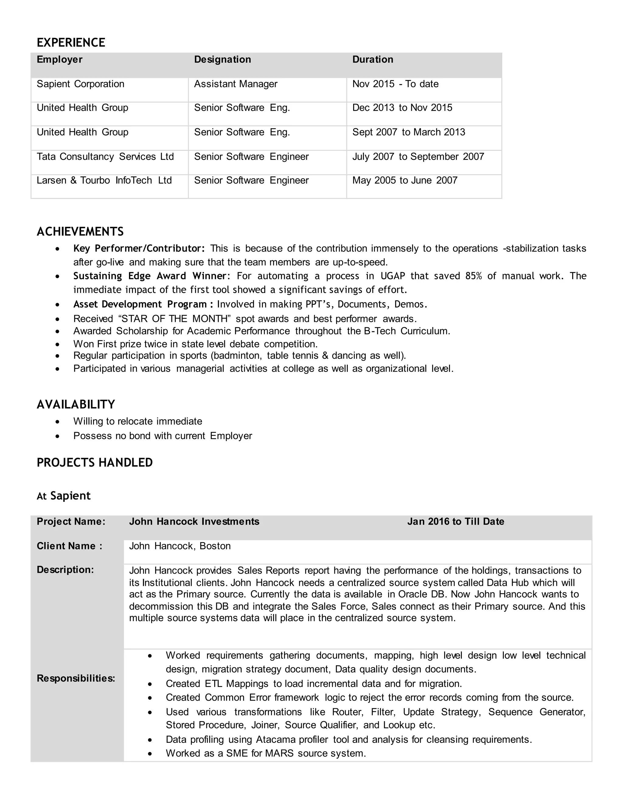 EXPERIENCE
Employer Designation Duration
Sapient Corporation Assistant Manager Nov 2015 - To date
United Health Group Senior Software Eng. Dec 2013 to Nov 2015
United Health Group Senior Software Eng. Sept 2007 to March 2013
Tata Consultancy Services Ltd Senior Software Engineer July 2007 to September 2007
Larsen & Tourbo InfoTech Ltd Senior Software Engineer May 2005 to June 2007

ACHIEVEMENTS
 Key Performer/Contributor: This is because of the contribution immensely to the operations -stabilization tasks
after go-live and making sure that the team members are up-to-speed.
 Sustaining Edge Award Winner: For automating a process in UGAP that saved 85% of manual work. The
immediate impact of the first tool showed a significant savings of effort.
 Asset Development Program : Involved in making PPT’s, Documents, Demos.
 Received “STAR OF THE MONTH” spot awards and best performer awards. 
 Awarded Scholarship for Academic Performance throughout the B-Tech Curriculum. 
 Won First prize twice in state level debate competition. 
 Regular participation in sports (badminton, table tennis & dancing as well). 
 Participated in various managerial activities at college as well as organizational level.

AVAILABILITY
 Willing to relocate immediate
 Possess no bond with current Employer
PROJECTS HANDLED
At Sapient
Project Name: John Hancock Investments Jan 2016 to Till Date
Client Name : John Hancock, Boston
Description: John Hancock provides Sales Reports report having the performance of the holdings, transactions to
its Institutional clients. John Hancock needs a centralized source system called Data Hub which will
act as the Primary source. Currently the data is available in Oracle DB. Now John Hancock wants to
decommission this DB and integrate the Sales Force, Sales connect as their Primary source. And this
multiple source systems data will place in the centralized source system.
Responsibilities:
 Worked requirements gathering documents, mapping, high level design low level technical
design, migration strategy document, Data quality design documents.
 Created ETL Mappings to load incremental data and for migration.
 Created Common Error framework logic to reject the error records coming from the source.
 Used various transformations like Router, Filter, Update Strategy, Sequence Generator,
Stored Procedure, Joiner, Source Qualifier, and Lookup etc.
 Data profiling using Atacama profiler tool and analysis for cleansing requirements.
 Worked as a SME for MARS source system.
 
