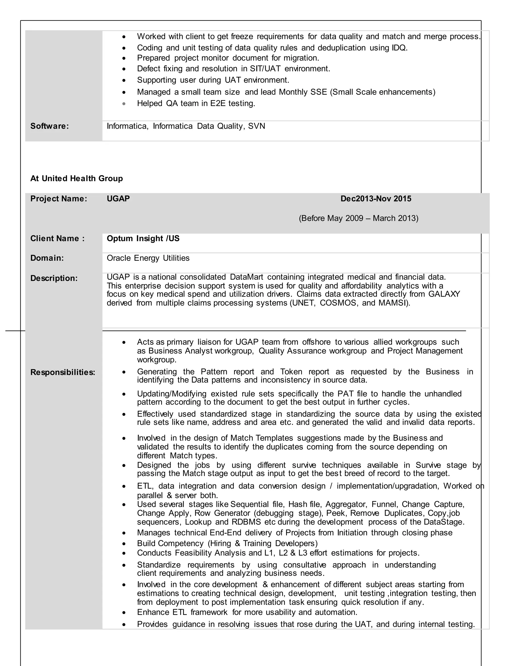  Worked with client to get freeze requirements for data quality and match and merge process.
 Coding and unit testing of data quality rules and deduplication using IDQ.
 Prepared project monitor document for migration.
 Defect fixing and resolution in SIT/UAT environment.
 Supporting user during UAT environment.
 Managed a small team size and lead Monthly SSE (Small Scale enhancements)
 Helped QA team in E2E testing.
Software: Informatica, Informatica Data Quality, SVN

At United Health Group
Project Name: UGAP Dec2013-Nov 2015
(Before May 2009 – March 2013)
Client Name : Optum Insight /US
Domain: Oracle Energy Utilities
Description: UGAP is a national consolidated DataMart containing integrated medical and financial data.
This enterprise decision support system is used for quality and affordability analytics with a
focus on key medical spend and utilization drivers. Claims data extracted directly from GALAXY
derived from multiple claims processing systems (UNET, COSMOS, and MAMSI).
Responsibilities:

 Acts as primary liaison for UGAP team from offshore to various allied workgroups such
as Business Analyst workgroup, Quality Assurance workgroup and Project Management
workgroup. 

 Generating the Pattern report and Token report as requested by the Business in
identifying the Data patterns and inconsistency in source data.
 Updating/Modifying existed rule sets specifically the PAT file to handle the unhandled
pattern according to the document to get the best output in further cycles.

 Effectively used standardized stage in standardizing the source data by using the existed
rule sets like name, address and area etc. and generated the valid and invalid data reports.

 Involved in the design of Match Templates suggestions made by the Business and
validated the results to identify the duplicates coming from the source depending on
different Match types. 
 Designed the jobs by using different survive techniques available in Survive stage by
passing the Match stage output as input to get the best breed of record to the target. 
 ETL, data integration and data conversion design / implementation/upgradation, Worked on
parallel & server both.
 Used several stages like Sequential file, Hash file, Aggregator, Funnel, Change Capture,
Change Apply, Row Generator (debugging stage), Peek, Remove Duplicates, Copy,job
sequencers, Lookup and RDBMS etc during the development process of the DataStage. 
 Manages technical End-End delivery of Projects from Initiation through closing phase 
 Build Competency (Hiring & Training Developers) 
 Conducts Feasibility Analysis and L1, L2 & L3 effort estimations for projects. 

 Standardize requirements by using consultative approach in understanding
client requirements and analyzing business needs. 
 Involved in the core development & enhancement of different subject areas starting from
estimations to creating technical design, development, unit testing ,integration testing, then
from deployment to post implementation task ensuring quick resolution if any. 
 Enhance ETL framework for more usability and automation. 
 Provides guidance in resolving issues that rose during the UAT, and during internal testing. 
 