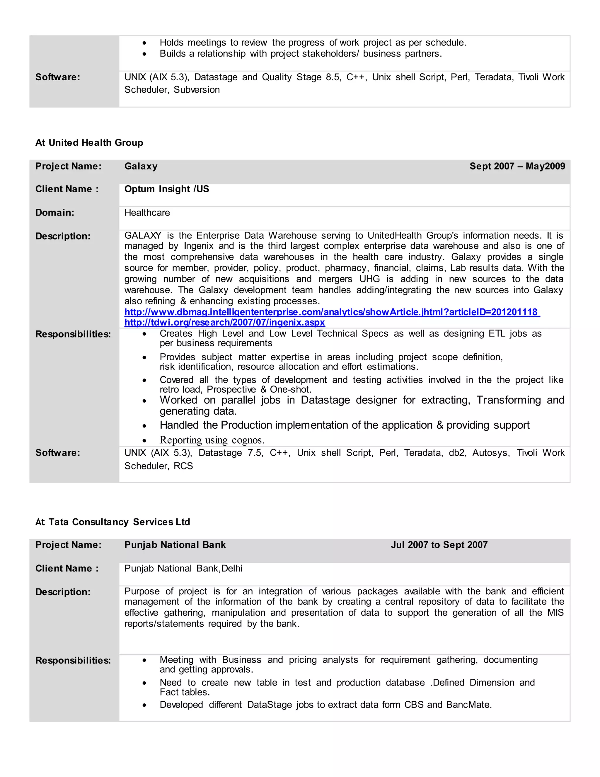  Holds meetings to review the progress of work project as per schedule. 
 Builds a relationship with project stakeholders/ business partners. 
Software: UNIX (AIX 5.3), Datastage and Quality Stage 8.5, C++, Unix shell Script, Perl, Teradata, Tivoli Work
Scheduler, Subversion
At United Health Group
Project Name: Galaxy Sept 2007 – May2009
Client Name : Optum Insight /US
Domain: Healthcare
Description: GALAXY is the Enterprise Data Warehouse serving to UnitedHealth Group's information needs. It is
managed by Ingenix and is the third largest complex enterprise data warehouse and also is one of
the most comprehensive data warehouses in the health care industry. Galaxy provides a single
source for member, provider, policy, product, pharmacy, financial, claims, Lab results data. With the
growing number of new acquisitions and mergers UHG is adding in new sources to the data
warehouse. The Galaxy development team handles adding/integrating the new sources into Galaxy
also refining & enhancing existing processes.
http://www.dbmag.intelligententerprise.com/analytics/showArticle.jhtml?articleID=201201118
http://tdwi.org/research/2007/07/ingenix.aspx
Responsibilities:  Creates High Level and Low Level Technical Specs as well as designing ETL jobs as
per business requirements 

 Provides subject matter expertise in areas including project scope definition,
risk identification, resource allocation and effort estimations. 
 Covered all the types of development and testing activities involved in the the project like
retro load, Prospective & One-shot. 
 Worked on parallel jobs in Datastage designer for extracting, Transforming and
generating data.
 Handled the Production implementation of the application & providing support

 Reporting using cognos. 
Software: UNIX (AIX 5.3), Datastage 7.5, C++, Unix shell Script, Perl, Teradata, db2, Autosys, Tivoli Work
Scheduler, RCS
At Tata Consultancy Services Ltd
Project Name: Punjab National Bank Jul 2007 to Sept 2007
Client Name : Punjab National Bank,Delhi
Description: Purpose of project is for an integration of various packages available with the bank and efficient
management of the information of the bank by creating a central repository of data to facilitate the
effective gathering, manipulation and presentation of data to support the generation of all the MIS
reports/statements required by the bank.
Responsibilities:  Meeting with Business and pricing analysts for requirement gathering, documenting
and getting approvals. 
 Need to create new table in test and production database .Defined Dimension and
Fact tables. 
 Developed different DataStage jobs to extract data form CBS and BancMate. 
 