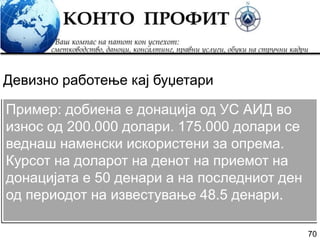 70
Пример: добиена е донација од УС АИД во
износ од 200.000 долари. 175.000 долари се
веднаш наменски искористени за опрема.
Курсот на доларот на денот на приемот на
донацијата е 50 денари а на последниот ден
од периодот на известување 48.5 денари.
Девизно работење кај буџетари
 