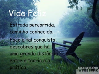 Vida Feliz Estrada percorrida, caminho conhecido. Face a tal conquista, descobres que há uma grande distância entre a teoria e a prática.   