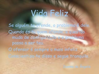 Vida Feliz Se alguém te ofende, o problema é dele. Quando és tu quem ofende, a questão muda de configuração e o problema passa a ser teu. O ofensor é sempre o mais infeliz. Conscientiza-te disso e segue tranqüilo. Joanna de Ângelis 