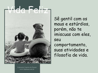 Vida Feliz Federação Espírita do Paraná www.feparana.com.br Sê gentil com os maus e estúrdios, porém, não te imiscuas com eles, seu comportamento, suas atividades e filosofia de vida.  