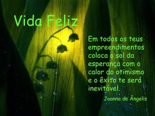 Vida Feliz Em todos os teus empreendimentos coloca o sol da esperança com o calor do otimismo e o êxito te será inevitável.  Joanna de Ângelis 