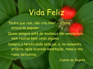 Vida Feliz “ Pedra que rola, não cria limo” – afirma brocardo popular. Quem sempre está de mudança não amadurece, nem realiza bem coisa alguma. Cumpre a tarefa onde estejas, e, no momento próprio, após acurada meditação, toma o teu rumo definitivo . Joanna de Ângelis 