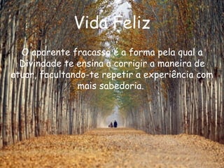 Vida Feliz O aparente fracasso é a forma pela qual a Divindade te ensina a corrigir a maneira de atuar, facultando-te repetir a experiência com mais sabedoria.  
