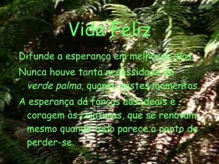 Vida Feliz Difunde a esperança em melhores dias. Nunca houve tanta necessidade da  verde palma , quanto nestes momentos. A esperança dá forças aos ideais e coragem às criaturas, que se renovam, mesmo quando tudo parece a ponto de perder-se. 