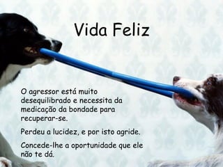 Vida Feliz O agressor está muito desequilibrado e necessita da medicação da bondade para recuperar-se. Perdeu a lucidez, e por isto agride. Concede-lhe a oportunidade que ele não te dá.  