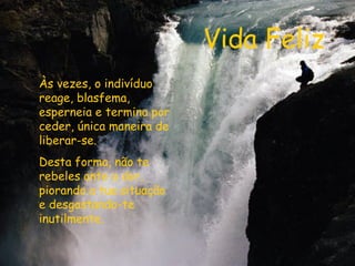 Vida Feliz Às vezes, o indivíduo reage, blasfema, esperneia e termina por ceder, única maneira de liberar-se. Desta forma, não te rebeles ante a dor, piorando a tua situação e desgastando-te inutilmente.  