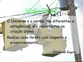 Vida Feliz O Universo e o verme, tão diferentes e antagônicos, são importantes na criação divina. Realiza cada tarefa com respeito e prazerosamente. Joanna de Ângelis 