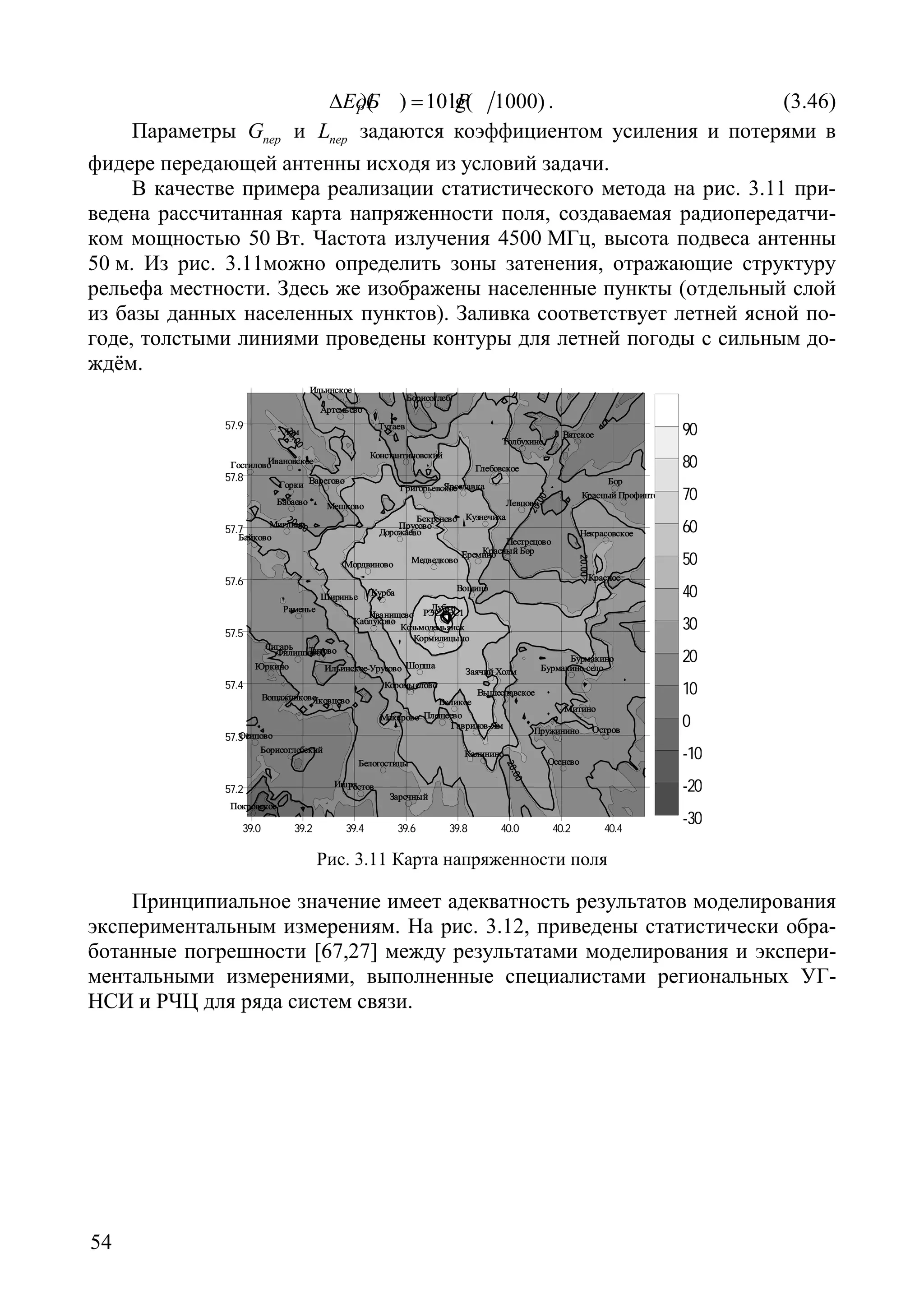 54
( ) 10lg( 1000)PEдБ P∆ = . (3.46)
Параметры перG и перL задаются коэффициентом усиления и потерями в
фидере передающей антенны исходя из условий задачи.
В качестве примера реализации статистического метода на рис. 3.11 при-
ведена рассчитанная карта напряженности поля, создаваемая радиопередатчи-
ком мощностью 50 Вт. Частота излучения 4500 МГц, высота подвеса антенны
50 м. Из рис. 3.11можно определить зоны затенения, отражающие структуру
рельефа местности. Здесь же изображены населенные пункты (отдельный слой
из базы данных населенных пунктов). Заливка соответствует летней ясной по-
годе, толстыми линиями проведены контуры для летней погоды с сильным до-
ждём.
39.0 39.2 39.4 39.6 39.8 40.0 40.2 40.4
57.2
57.3
57.4
57.5
57.6
57.7
57.8
57.9
РЭСРЭС1
Артемьево
Байково
Бекренево
Белогостицы
Бор
Борисоглеб
Борисоглебский
Бурмакино
Бурмакино-село
Варегово
Великое
Вощажниково
Вощино
Вышеславское
Вятское
Гаврилов-Ям
ГлебовскоеГостилово
Григорьевское
Дорожаево
Дубки
Еремино
Заречный
Заячий Холм
Иванищево
Ильинское
Ильинское-Урусово
Ишня
Каблуково
Калинино
Козьмодемьянск
Константиновский
Кормилицыно
Коромыслово
Красное
Красный Бор
Красный Профинтерн
Кузнечиха
Курба
Левцово
Лом
Макарово
Медведково
Мешково
Миглино
Митино
Мордвиново
Некрасовское
Осенево
Осипово
Остров
Пестрецово
Плещеево
Покровское
Пружинино
Прусово
Раменье
Ростов
Сигарь Титово
Толбухино
Тутаев
Филиппово
Ширинье
ШопшаЮркино
Яковцево
ЯрославкаГорки
Ивановское
Бабаево
-30
-20
-10
0
10
20
30
40
50
60
70
80
90
Рис. 3.11 Карта напряженности поля
Принципиальное значение имеет адекватность результатов моделирования
экспериментальным измерениям. На рис. 3.12, приведены статистически обра-
ботанные погрешности [67,27] между результатами моделирования и экспери-
ментальными измерениями, выполненные специалистами региональных УГ-
НСИ и РЧЦ для ряда систем связи.
Copyright ОАО «ЦКБ «БИБКОМ» & ООО «Aгентство Kнига-Cервис»
 