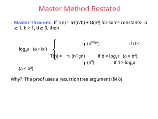 Master Method Restated
Master Theorem: If T(n) = aT(n/b) + O(nd
) for some constants a
1, b > 1, d 0, then
≥ ≥
(nlogba
) if d <
logba (a > bd
)
T(n) = (n
d
lgn) if d = logba (a = bd
)
(nd
) if d > logba
(a < bd
)
Why? The proof uses a recursion tree argument (§4.6)
 