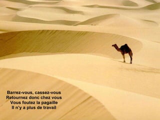 Barrez-vous, cassez-vous Retournez donc chez vous Vous foutez la pagaille Il n’y a plus de travail 